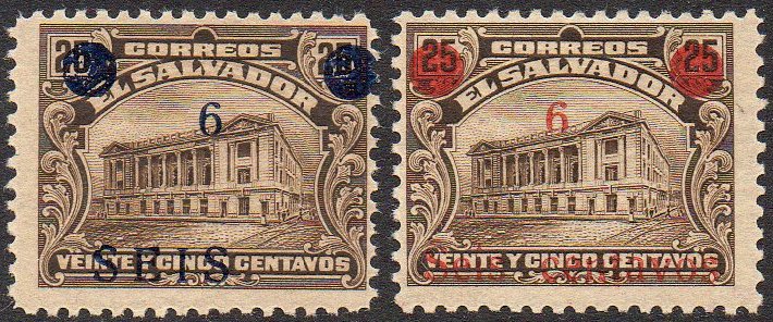 sellos timbres-poste Briefmarken stamps El Salvador 1919 Centavo surcharges on Tram Trolley Tranvia National Theatre teatro nacional 